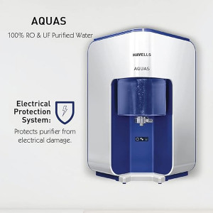 Havells AQUAS Water Purifier (White and Blue), RO+UF, Copper+Zinc+Minerals, 5 stage Purification, 7L Tank, Suitable for Borwell, Tanker & Municipal Wa